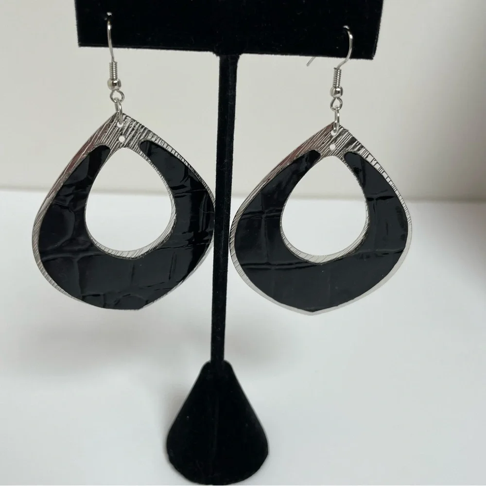 Silver Tone Black Leather Embossed Teardrop Earrings